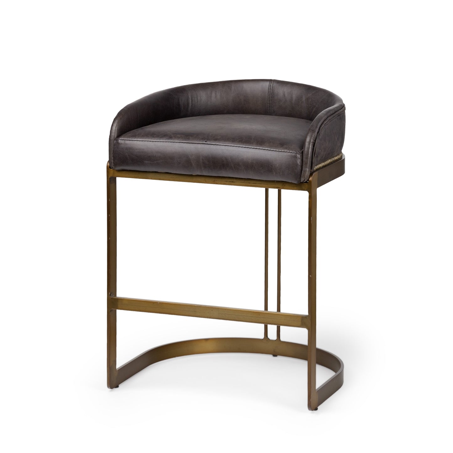 29" Brown Leather And Steel Low back Bar Chair