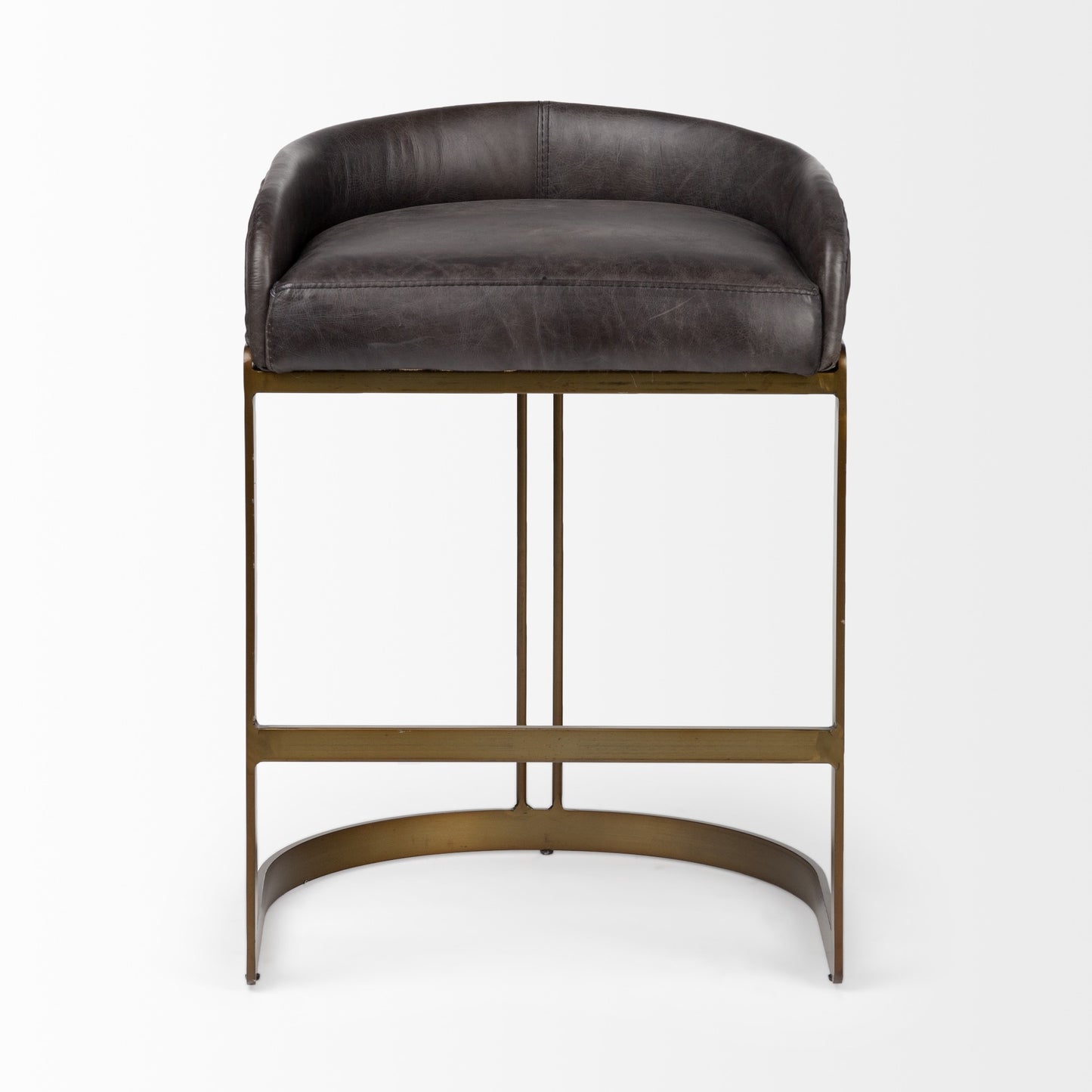 29" Brown Leather And Steel Low back Bar Chair