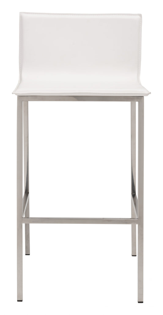 Set of Two 30" White And Silver Steel Low Back Bar Height Bar Chairs