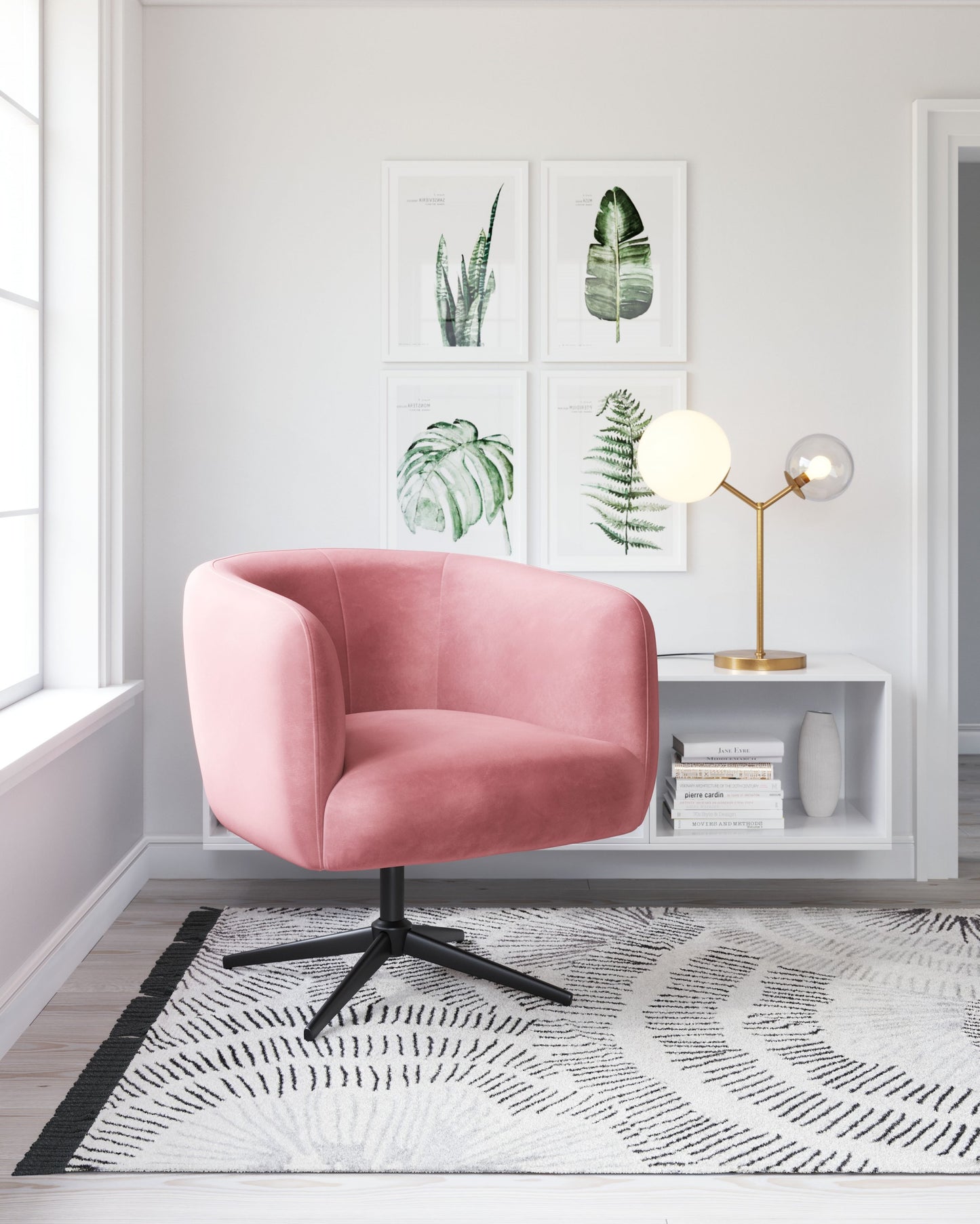 30" Pink And Black Velvet Swivel Barrel Chair