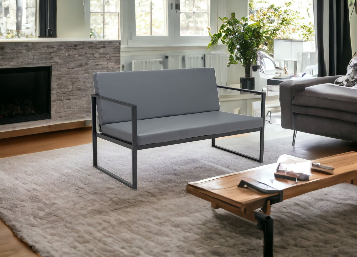 45" Gray And Black Faux Leather Sofa