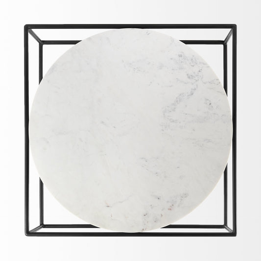 36" White And Black Genuine Marble And Metal Square Coffee Table