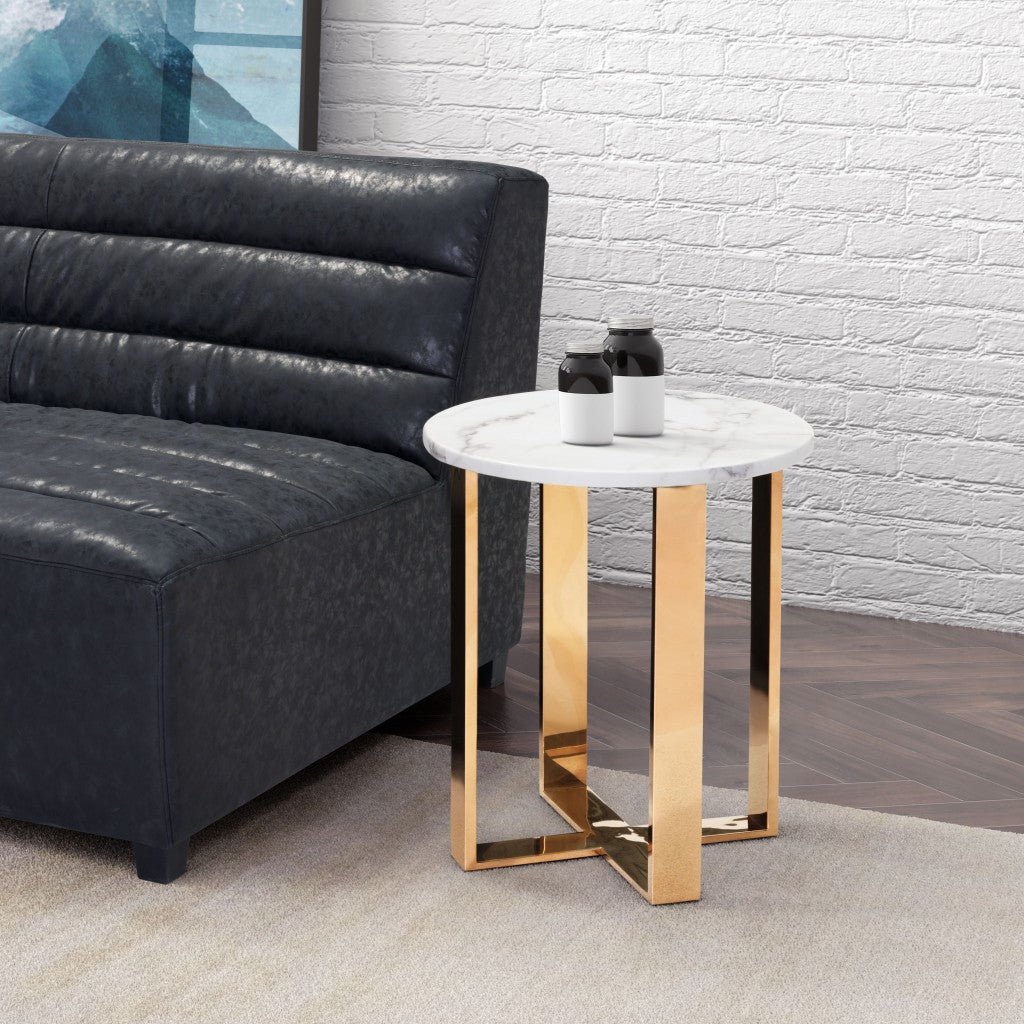 21" Gold And White Stone Round End Table