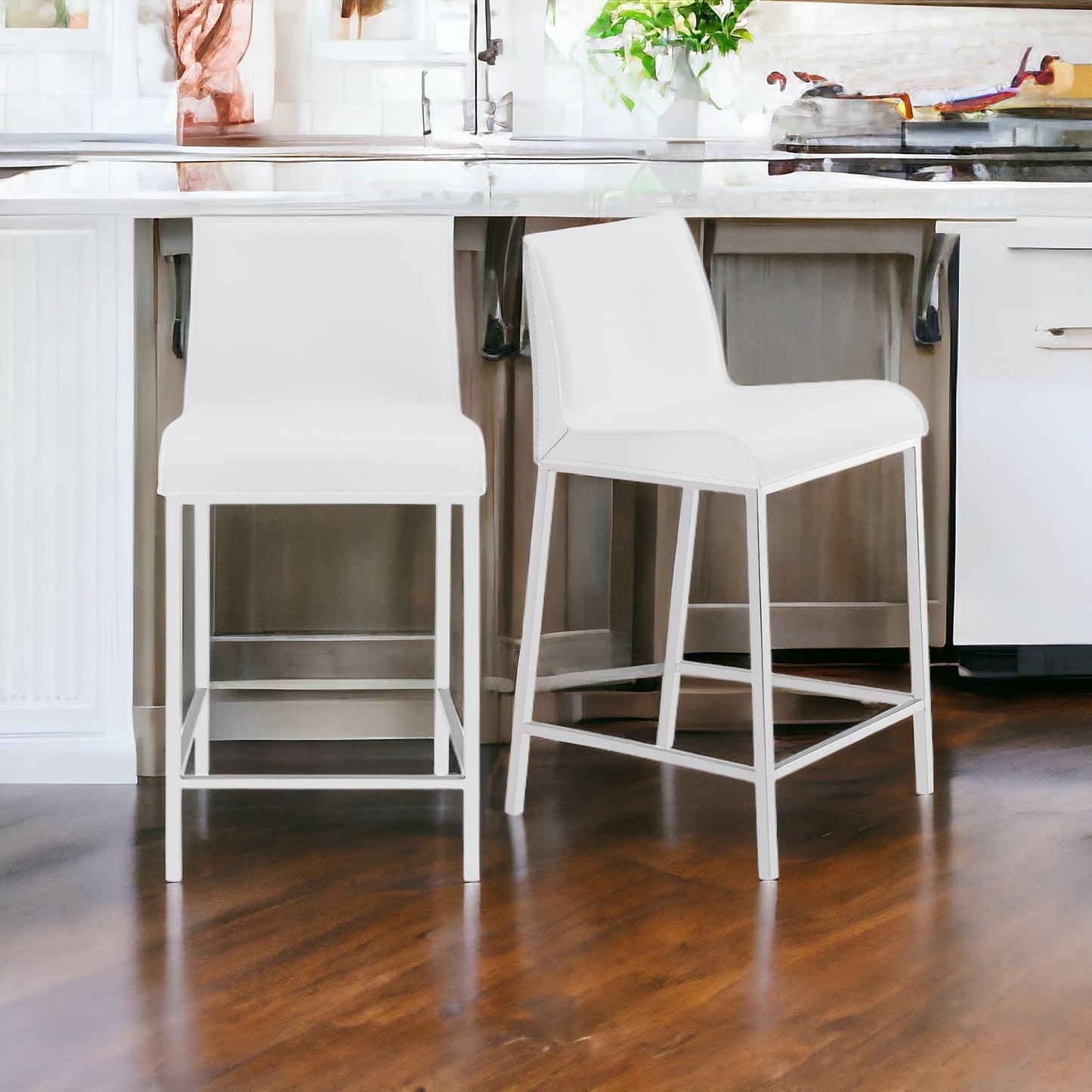 Set of Two 24" White And Silver Steel Low Back Counter Height Bar Chairs