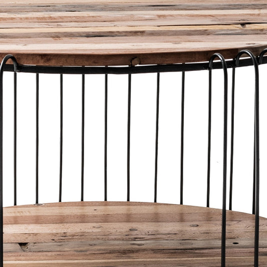 32" Brown And Brown and Black Solid Wood with Iron Round Coffee Table