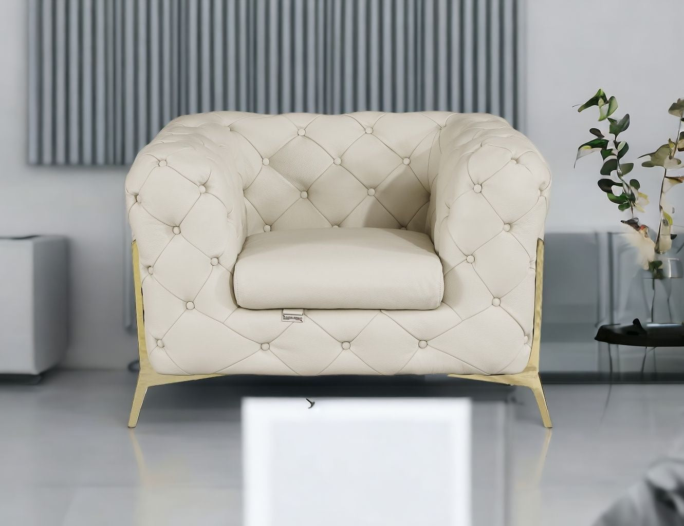 Glam Beige and Gold Tufted Leather Armchair
