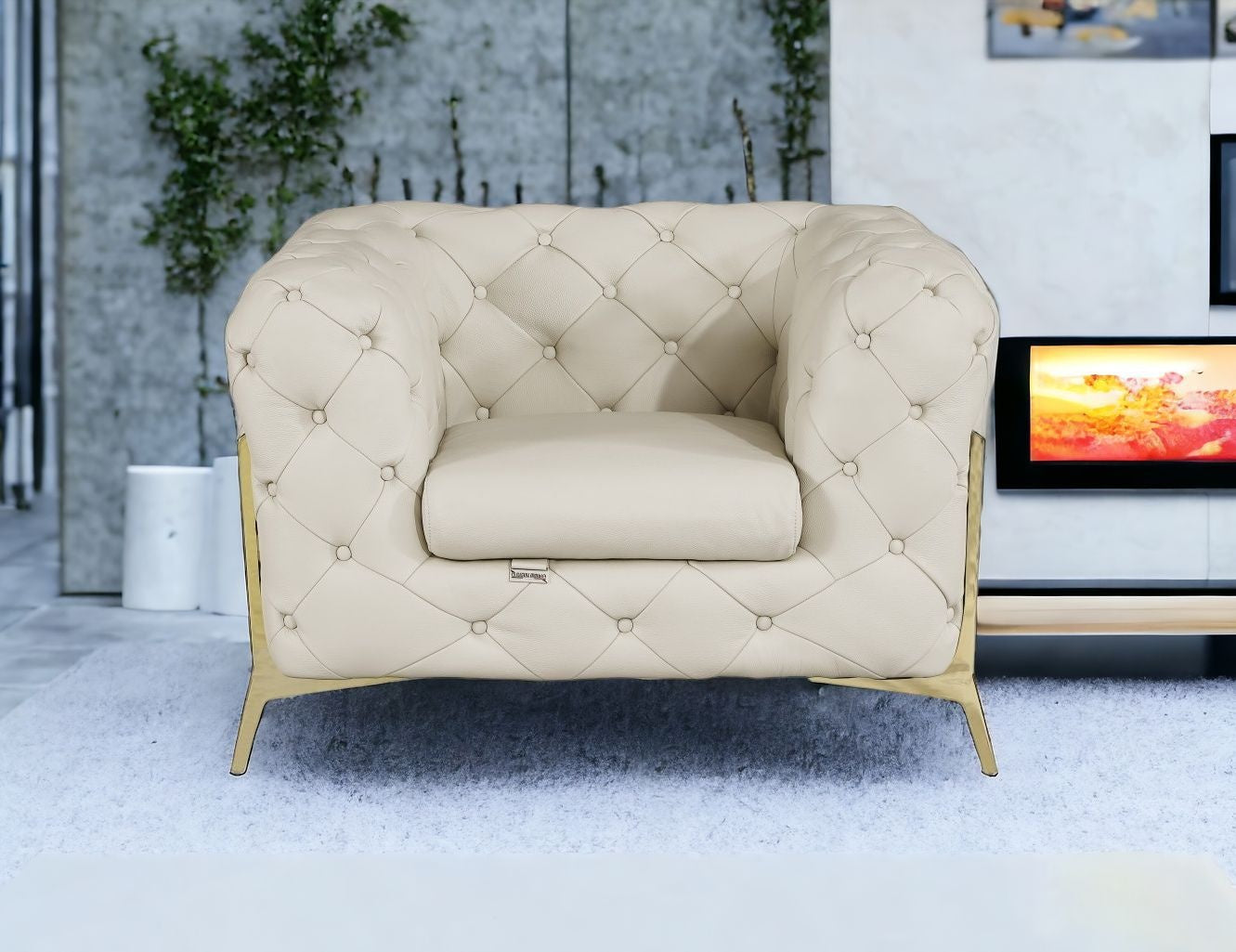 Glam Beige and Gold Tufted Leather Armchair