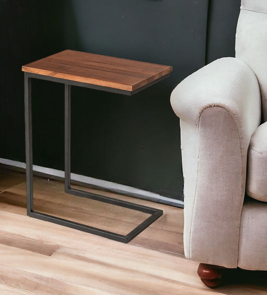 Modern Rustic Brown Aged Oak Wood and Metal C Shape Snack Table