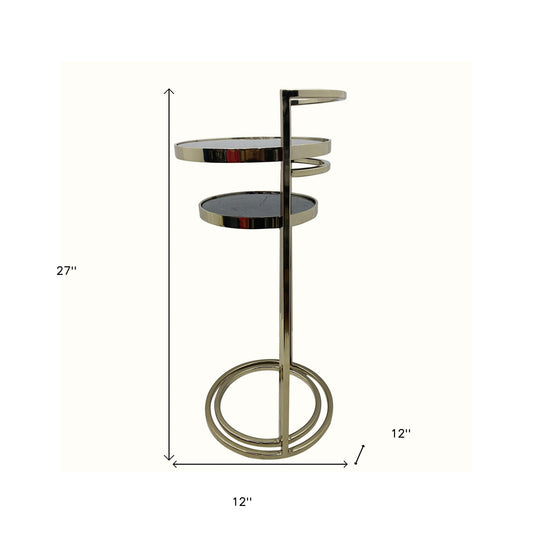 Set Of Two 27" Gold And Black Stone Round Nested Tables