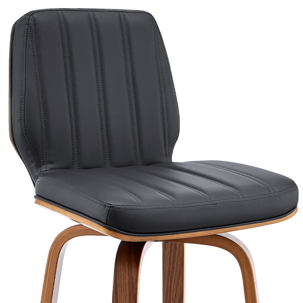 31" Gray And Brown Faux Leather And Solid + Manufactured Wood Swivel Bar Height Bar Chair