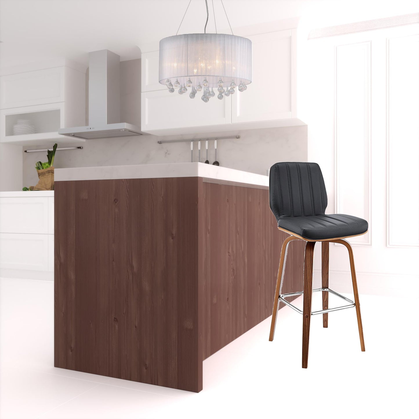 31" Gray And Brown Faux Leather And Solid + Manufactured Wood Swivel Bar Height Bar Chair