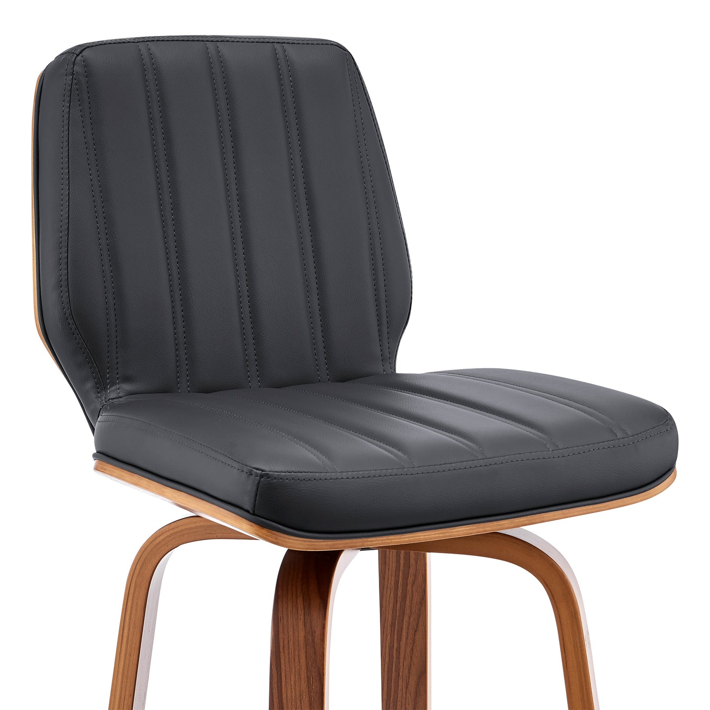 31" Gray And Brown Faux Leather And Solid + Manufactured Wood Swivel Bar Height Bar Chair