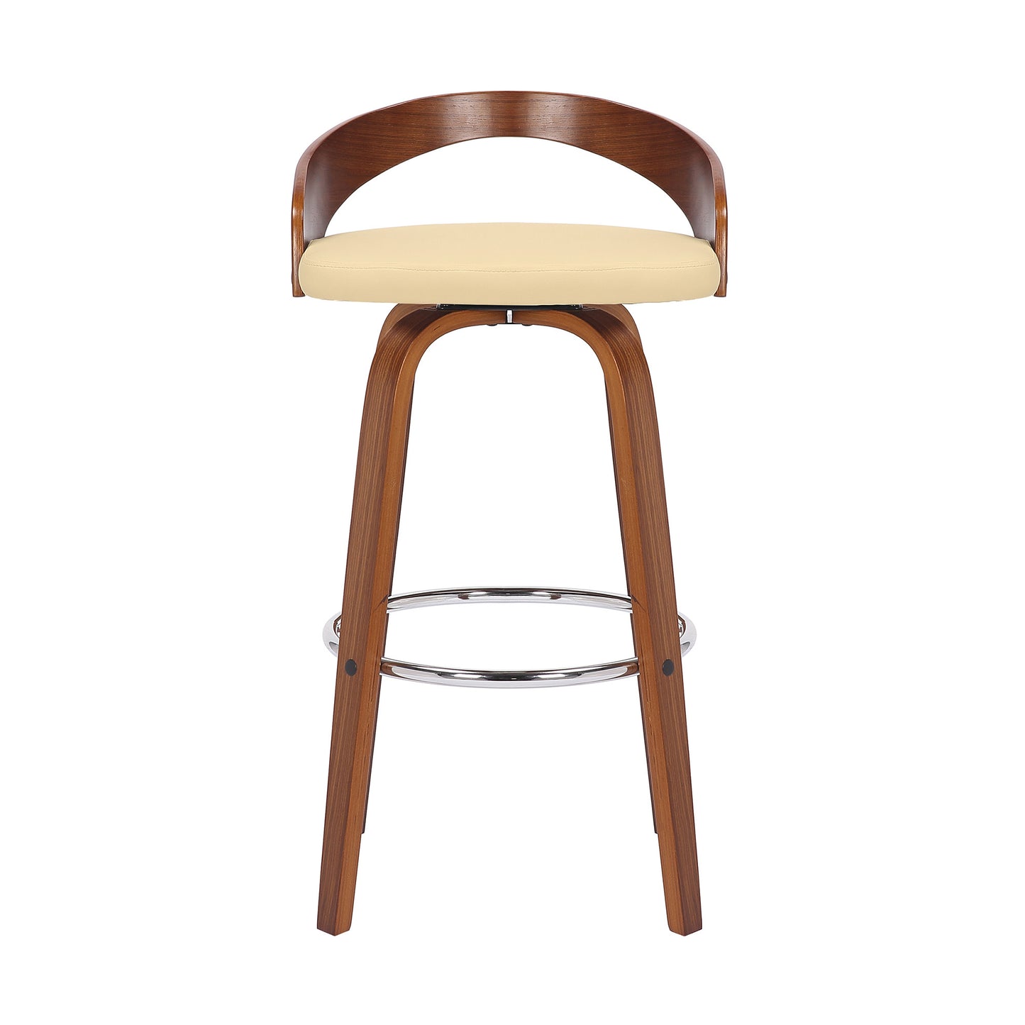 30" Cream And Brown Faux Leather And Solid Wood Swivel Low Back Bar Height Bar Chair