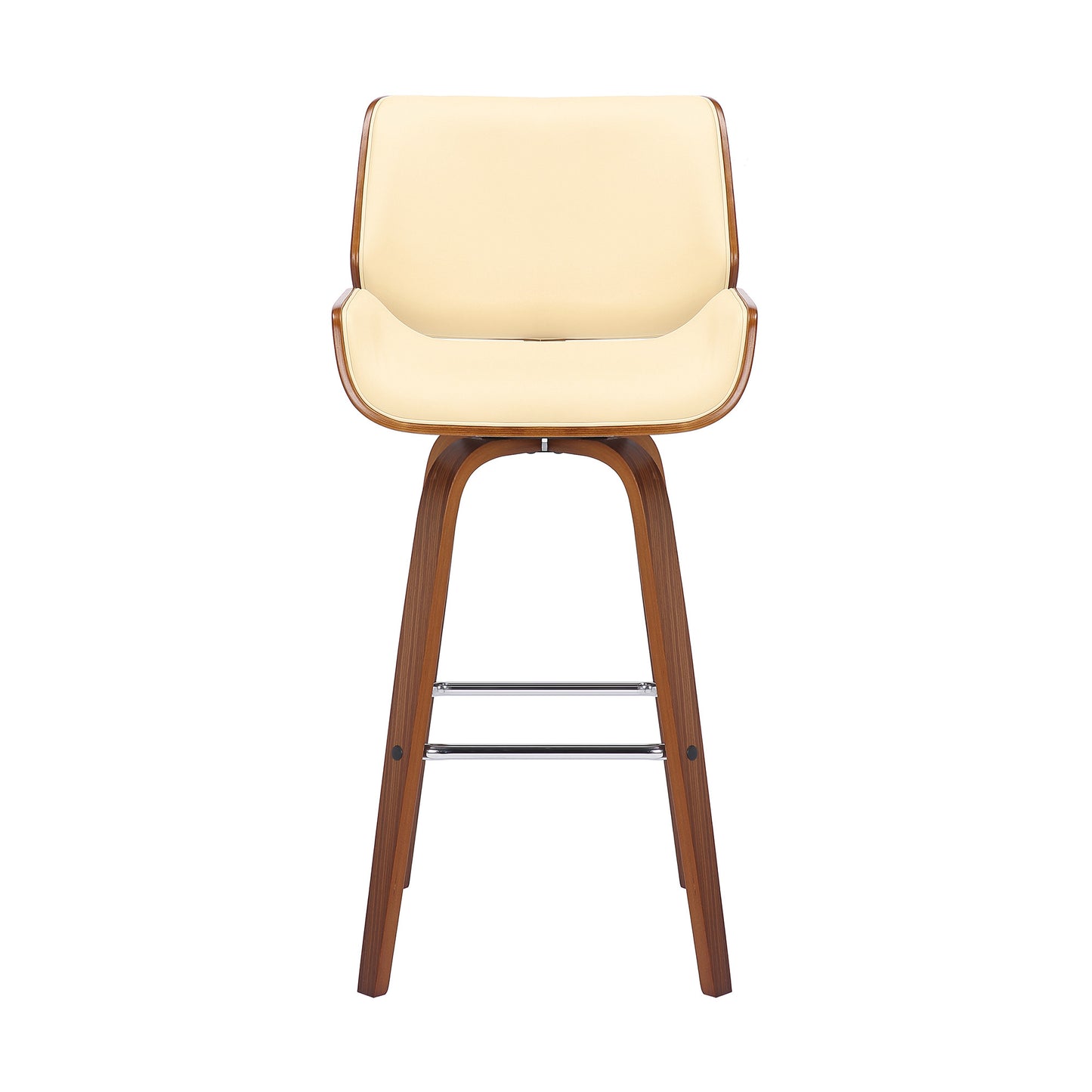 30" Cream And Brown Faux Leather And Solid Wood Swivel Bar Height Bar Chair