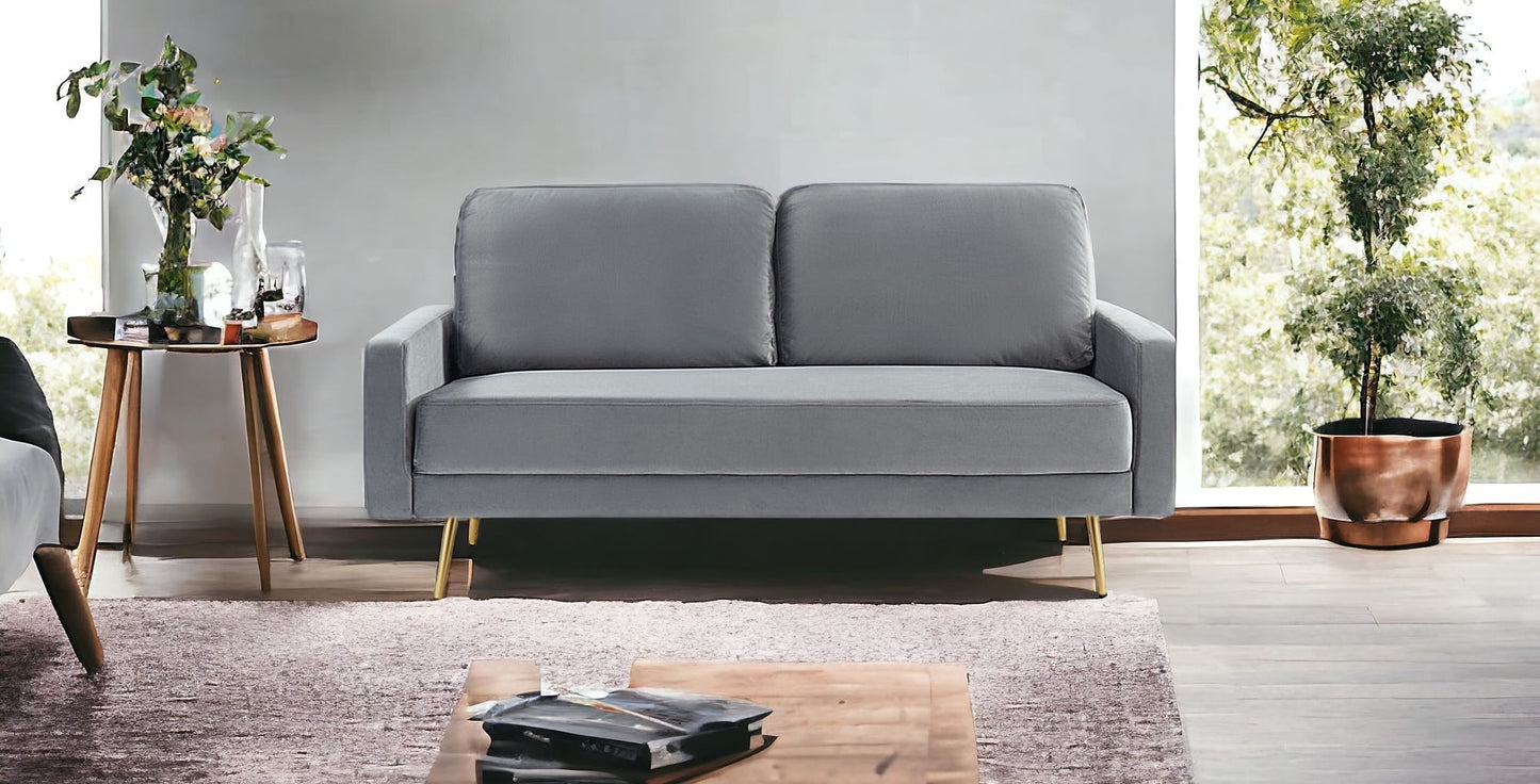 72" Grey Velvet And Brass Sofa