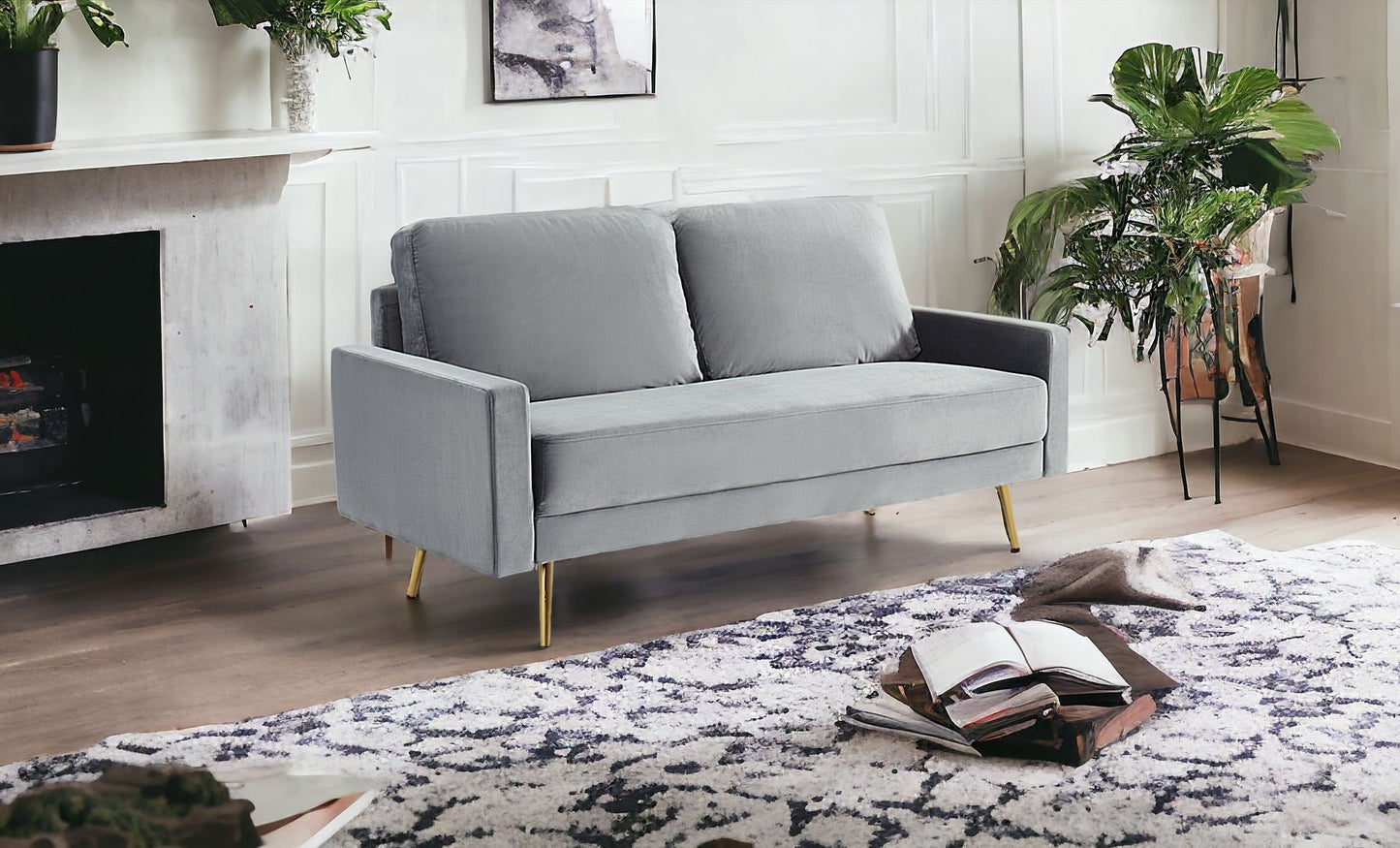 72" Grey Velvet And Brass Sofa