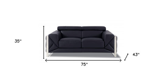 75" Black And Silver Italian Leather Loveseat