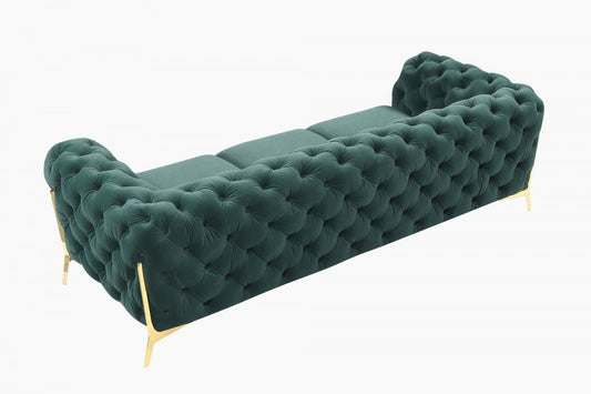 Glam 97" Green Velvet And Gold Accent Sofa