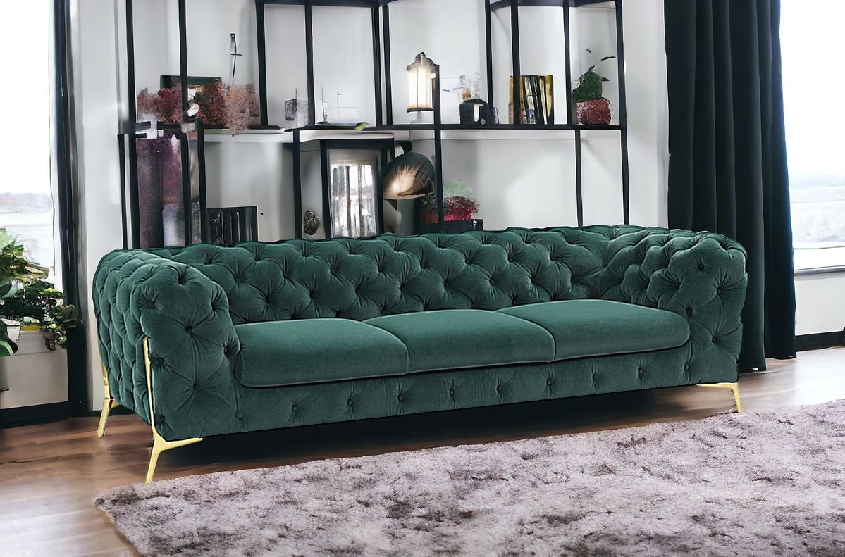 Glam 97" Green Velvet And Gold Accent Sofa