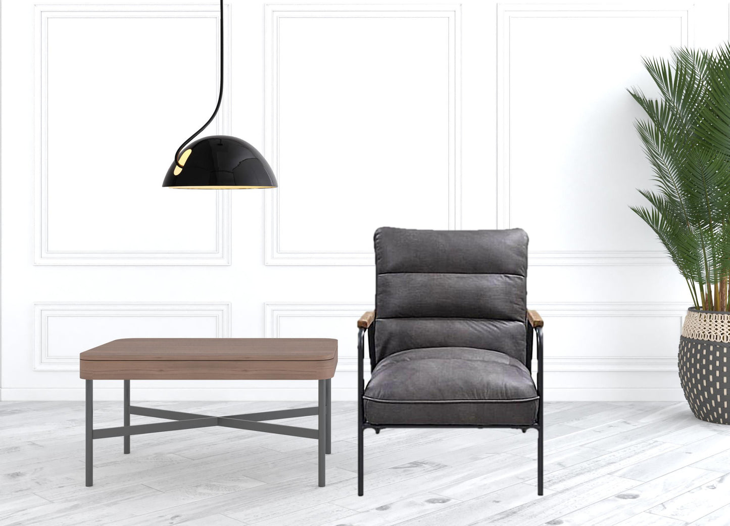 26" Gray Top Grain Leather And Steel Solid Color Arm Chair