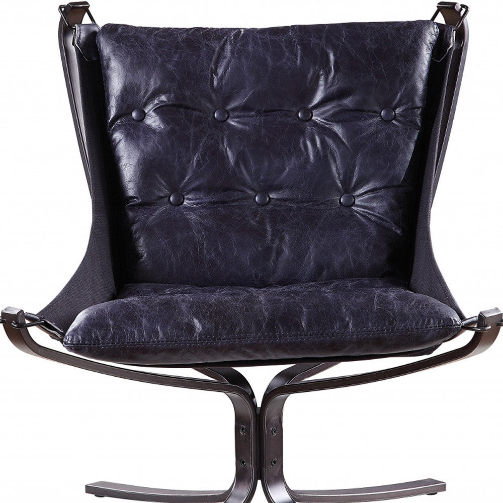 30" Vintage Blue Top Grain Leather And Steel Solid Color Lounge Chair