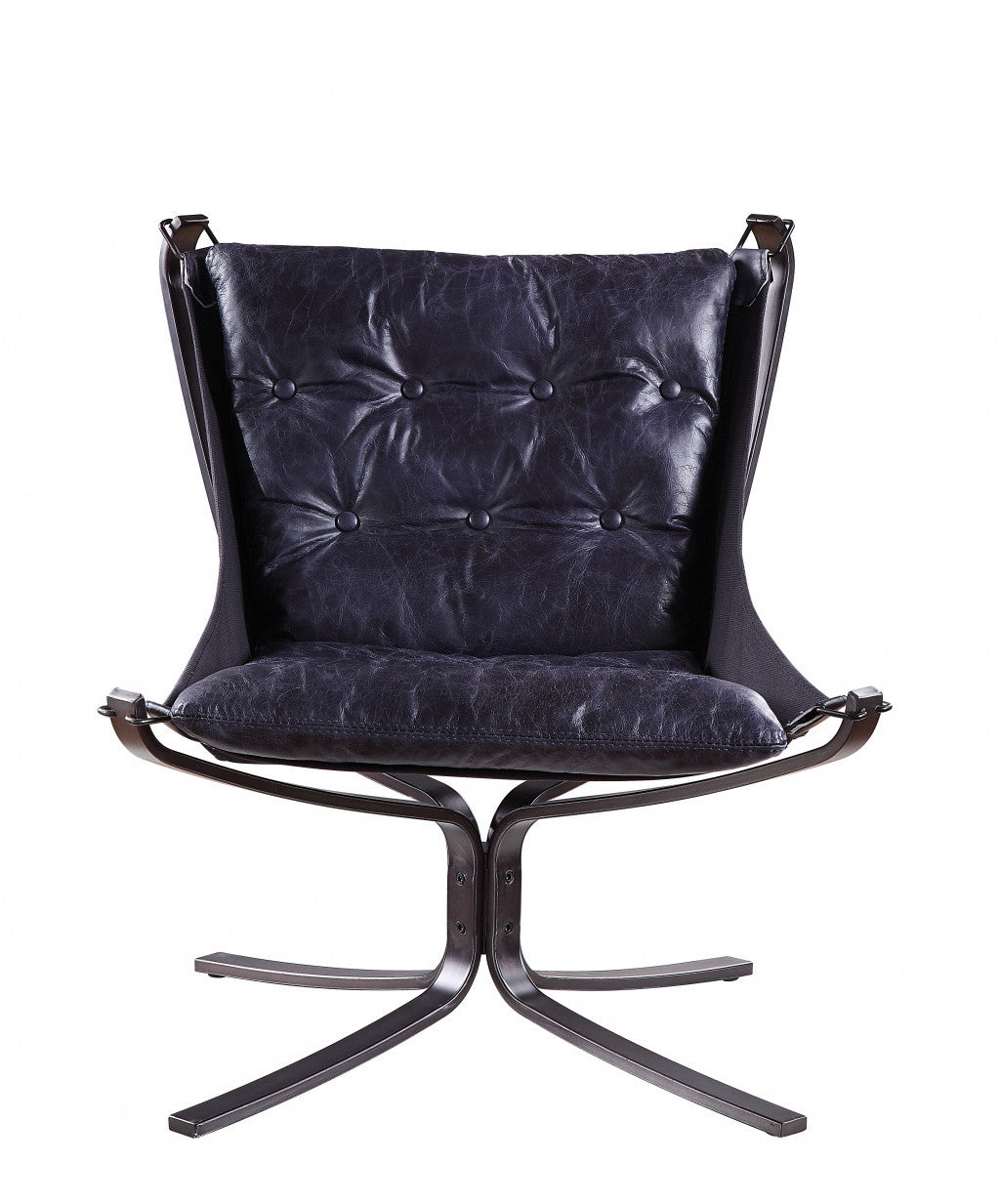 30" Vintage Blue Top Grain Leather And Steel Solid Color Lounge Chair