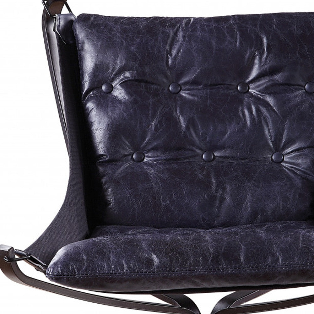 30" Vintage Blue Top Grain Leather And Steel Solid Color Lounge Chair