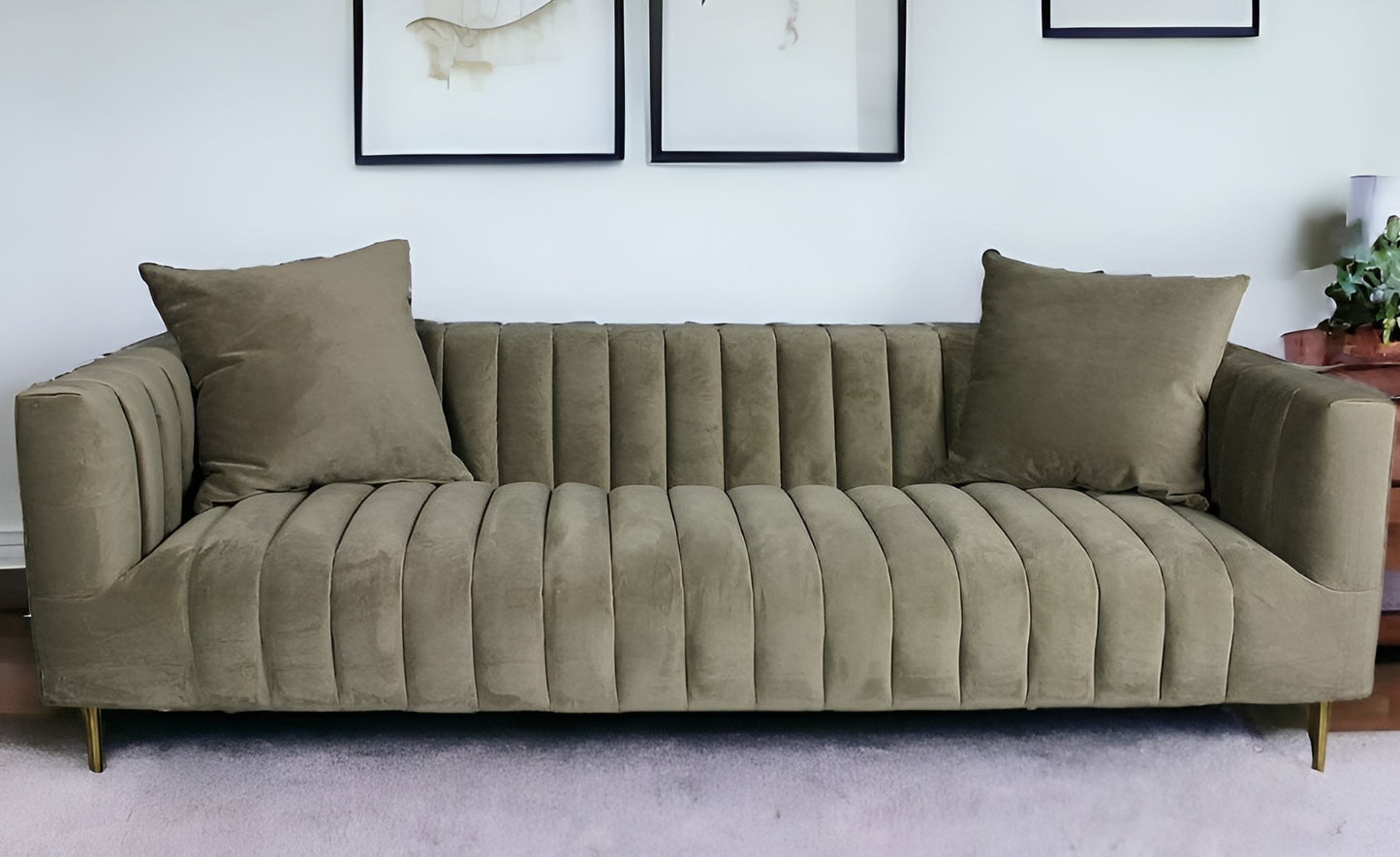 90" Gray Brown Velvet And Gold Sofa And Toss Pillows