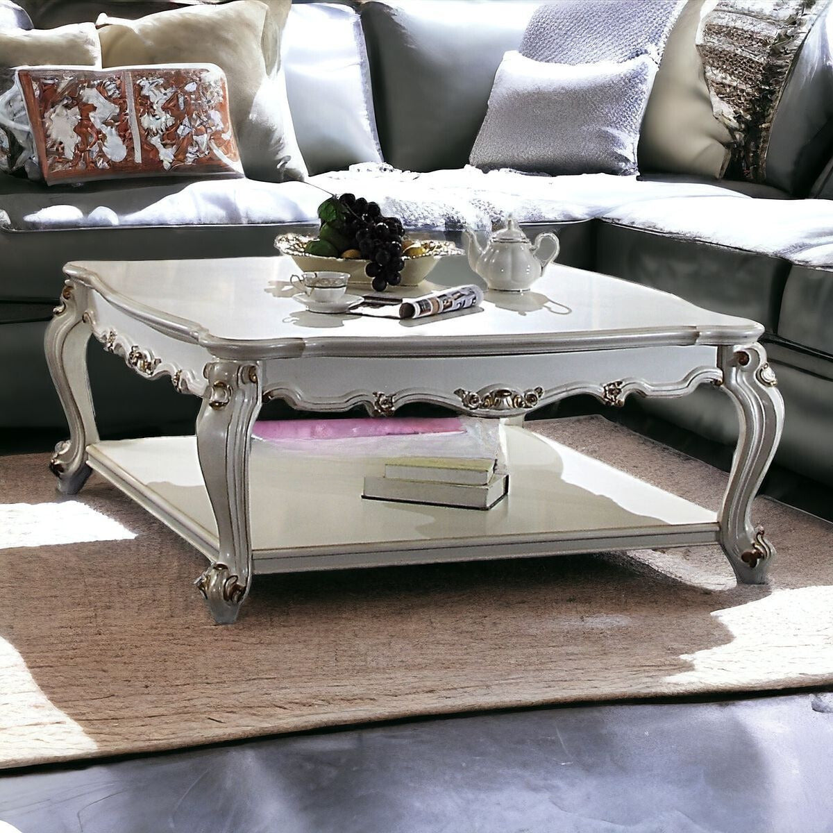 47" Pearl Solid And Manufactured Wood Coffee Table With Shelf