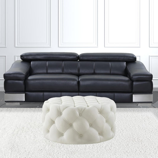 33" White Linen And Black Rolling Tufted Round Cocktail Ottoman
