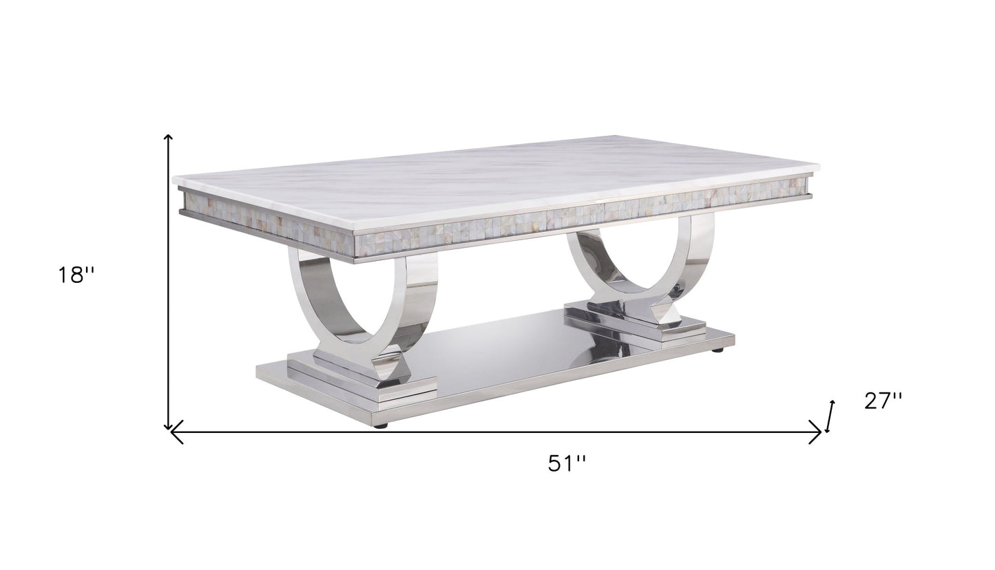 51" White And Silver Faux Marble Mirrored Coffee Table