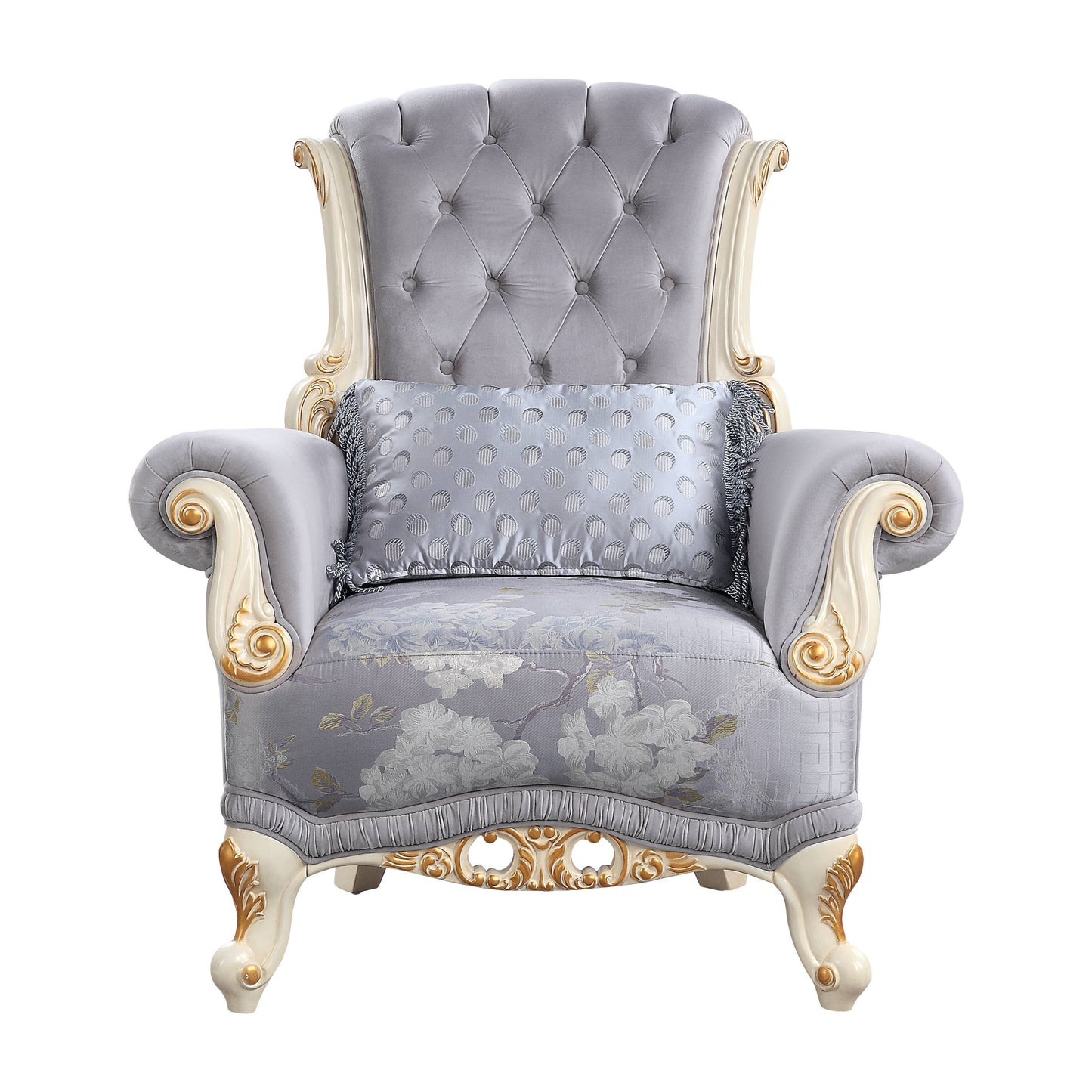 41" Gray Fabric And Black Floral Tufted Arm Chair