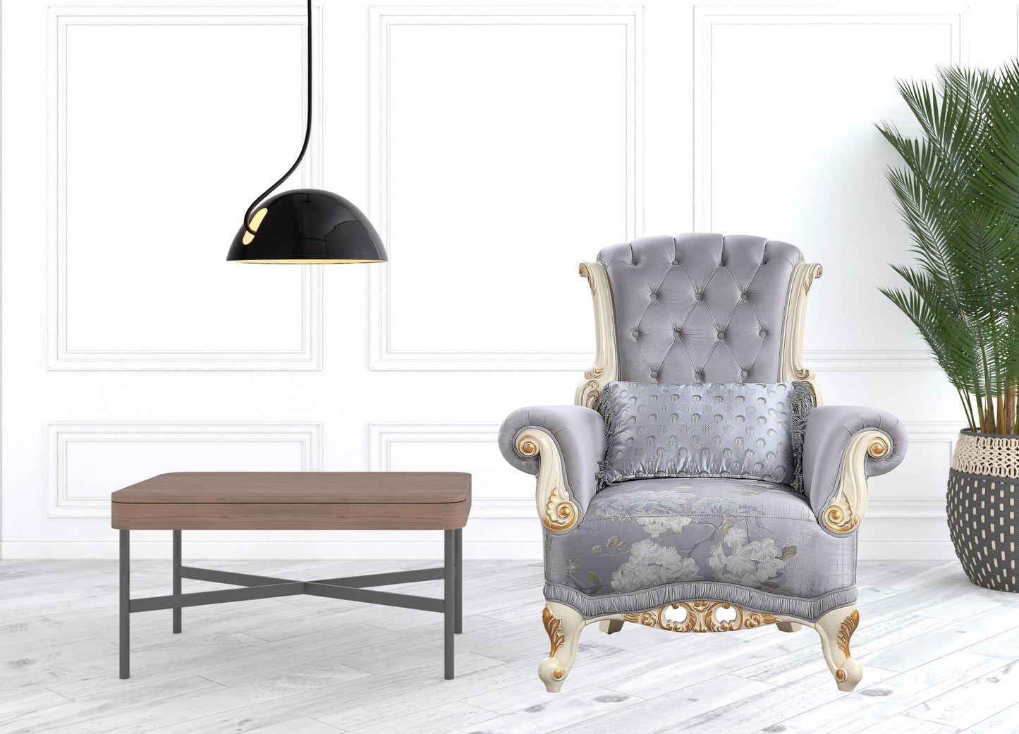 41" Gray Fabric And Black Floral Tufted Arm Chair