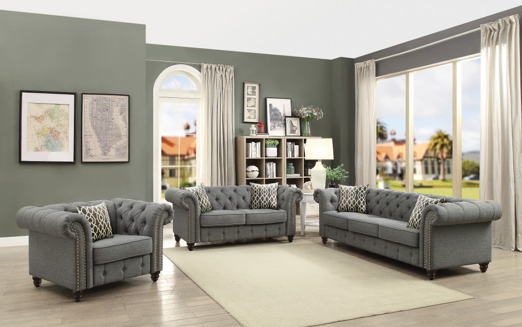 45" Brown Linen And Black Tufted Chesterfield Chair