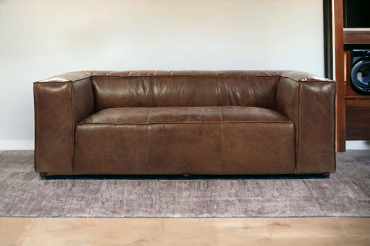 98" Brown Top Grain Leather And Black Sofa