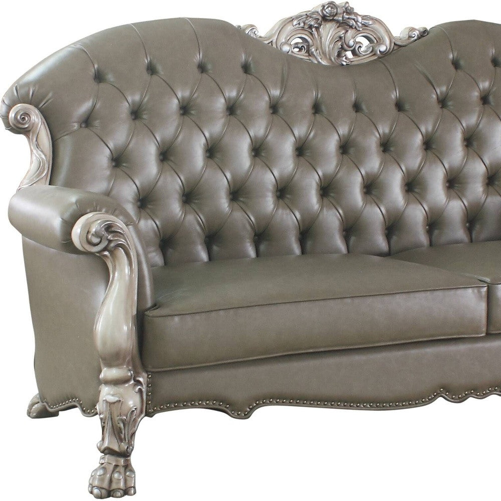 96" Vintage Bone Faux Leather And White Sofa With Five Toss Pillows