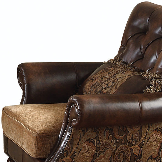 38" Brown And Black Faux Leather Floral Tufted Arm Chair