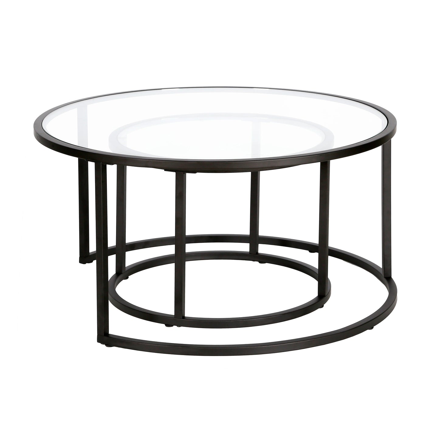 Set of Two 35" Black Glass And Steel Round Nested Coffee Tables