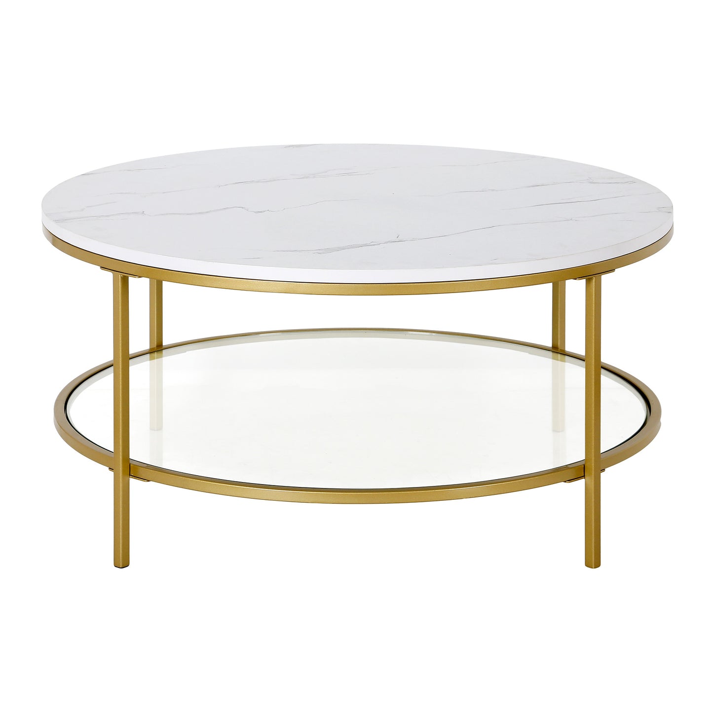 36" Gold Faux Marble And Steel Round Coffee Table With Shelf