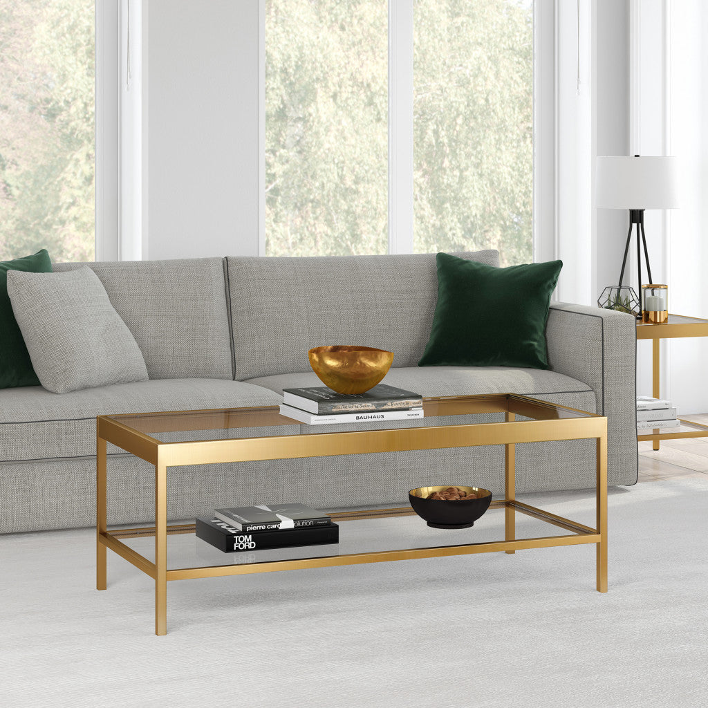 45" Gold Glass And Steel Coffee Table With Shelf