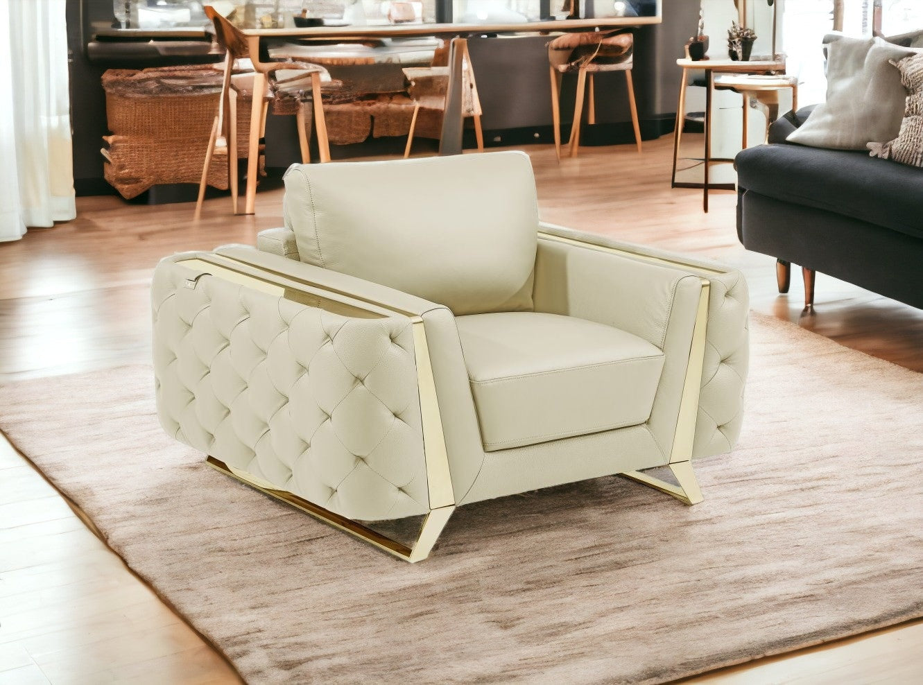 50" Beige and Silver Faux Leather Tufted Arm Chair