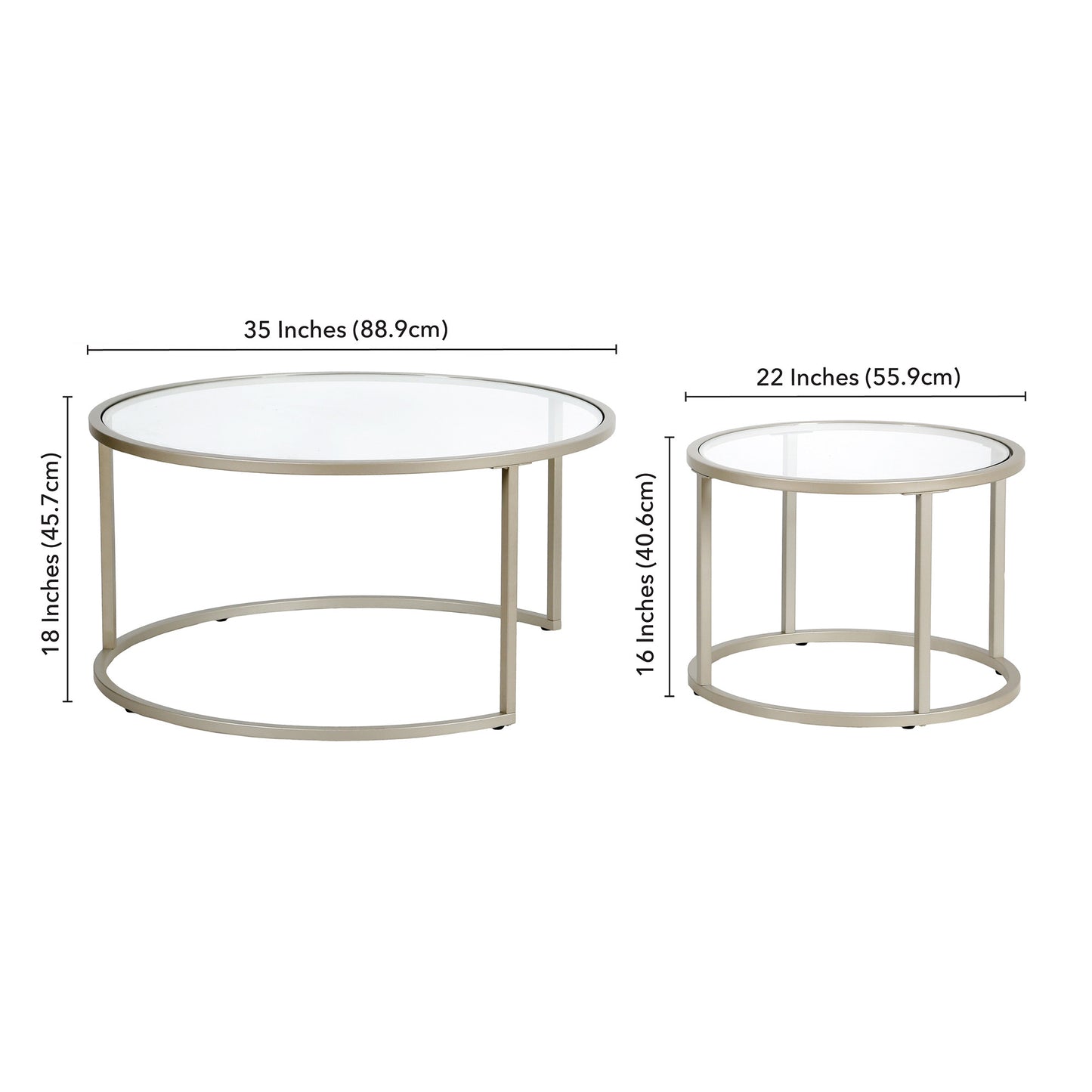 Set of Two 35" Silver Glass And Steel Round Nested Coffee Tables
