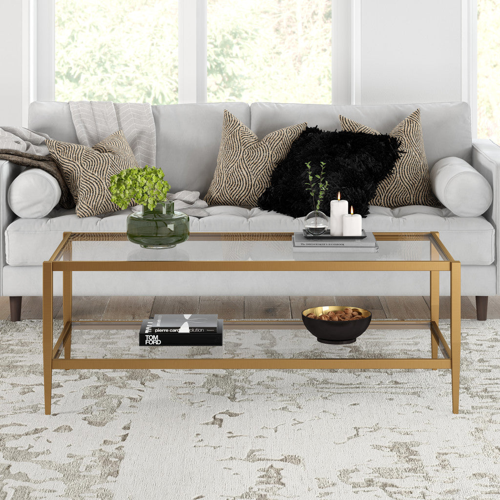 45" Gold Glass And Steel Coffee Table With Shelf