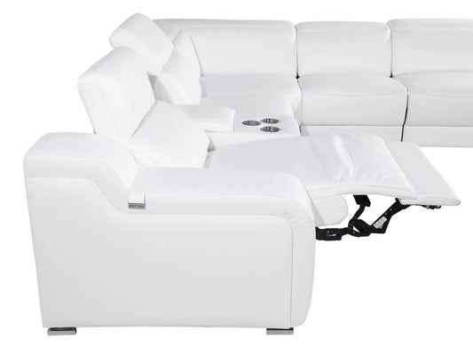 White Italian Leather Power Reclining Curved Eight Piece Corner Sectional With Console