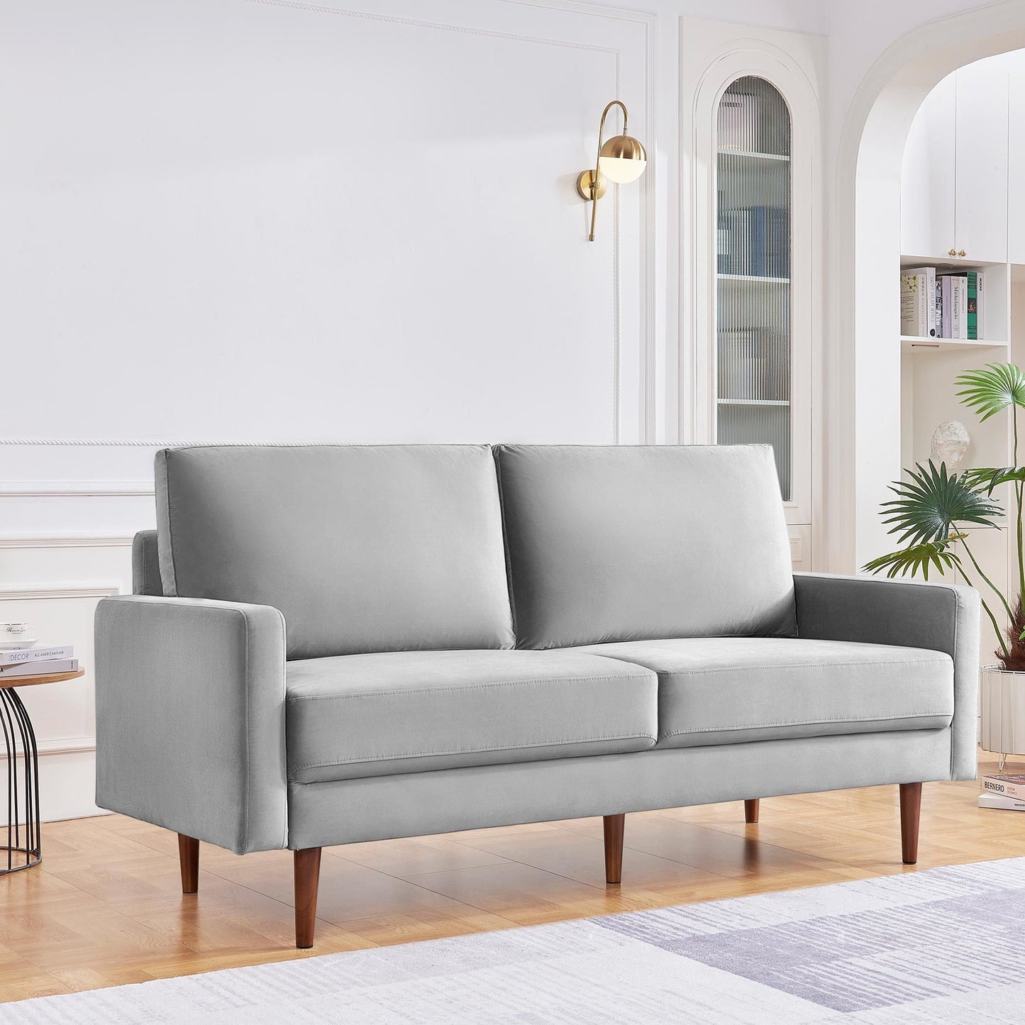 69" Gray Velvet and Dark Brown Sofa