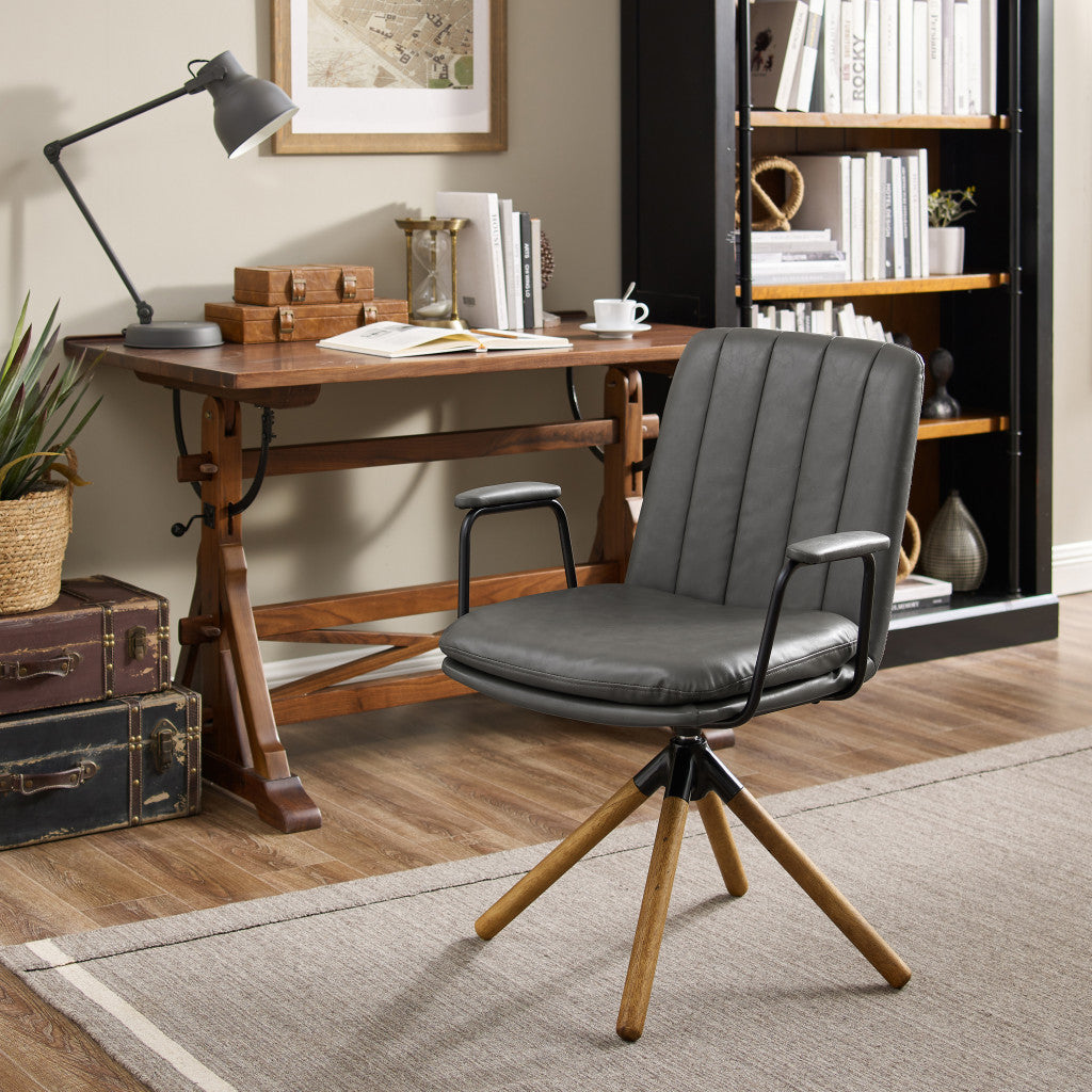 23" Charcoal and Natural Faux Leather Swivel Arm Chair