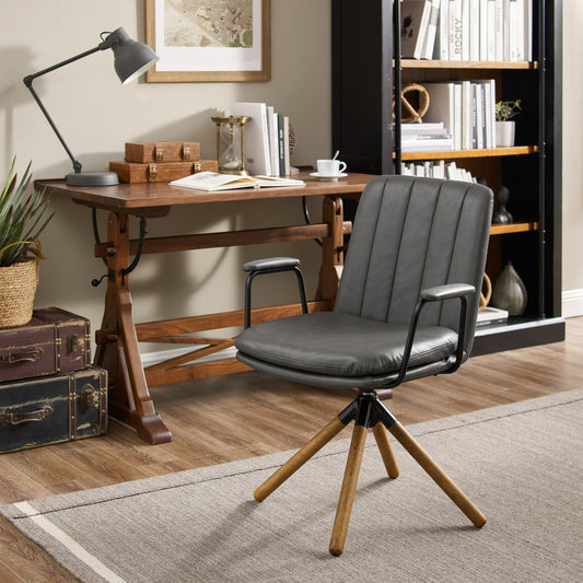 23" Charcoal and Natural Faux Leather Swivel Arm Chair