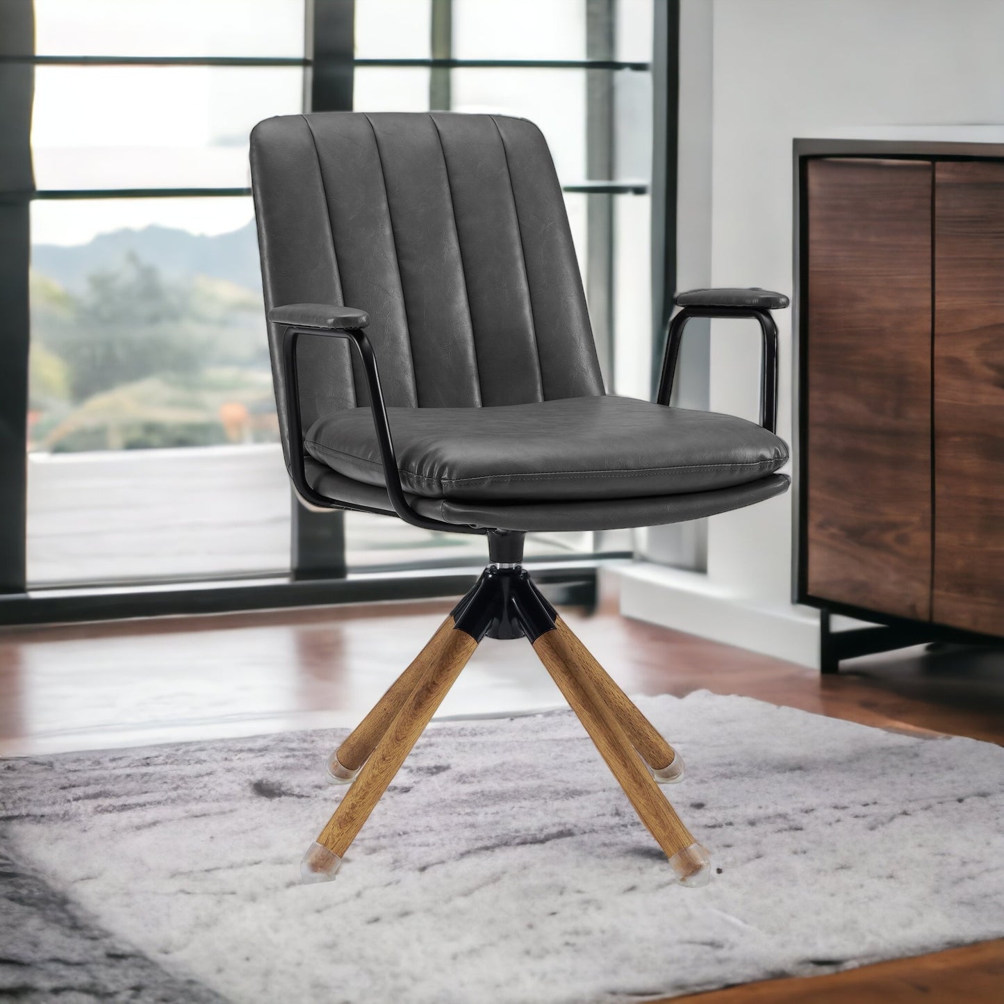 23" Charcoal and Natural Faux Leather Swivel Arm Chair