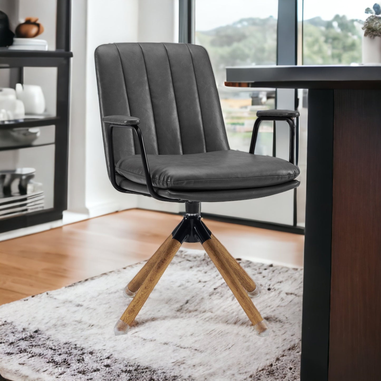 23" Charcoal and Natural Faux Leather Swivel Arm Chair