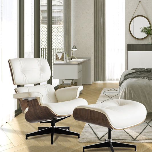 35" Beige Tufted Leather And Dark Brown Swivel Lounge Chair with Ottoman